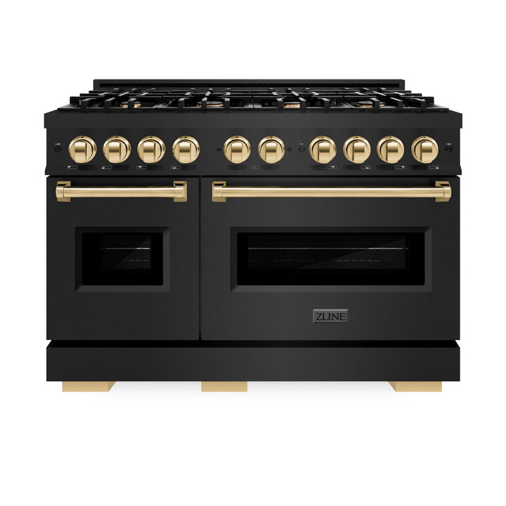 ZLINE Autograph Edition 48 in. 6.7 cu. ft. Classic Double Oven Dual Fuel Range with 8 Burner Gas Cooktop in Black Stainless Steel and Polished Gold Accents (CDRBZ-48-G) front, closed.