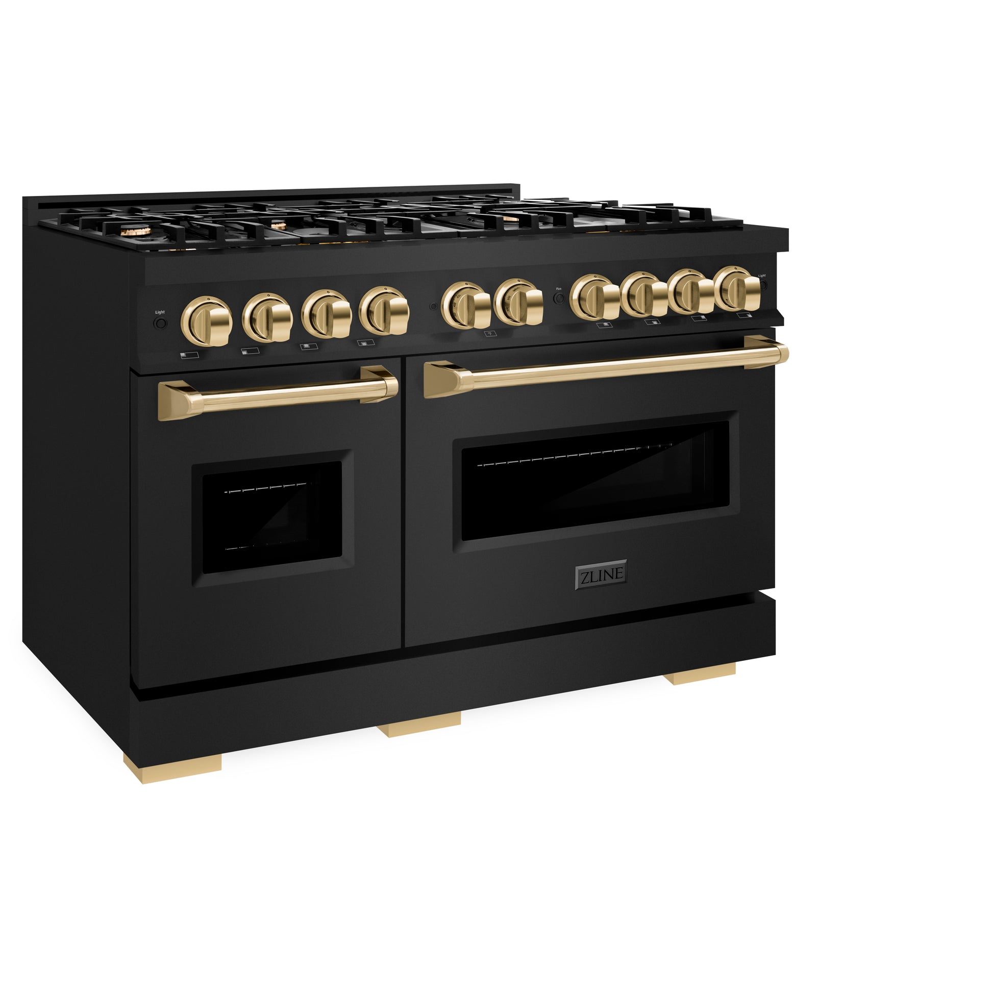 ZLINE Autograph Edition 48 in. 6.7 cu. ft. Classic Double Oven Dual Fuel Range with 8 Burner Gas Cooktop in Black Stainless Steel and Polished Gold Accents (CDRBZ-48-G) side, closed.