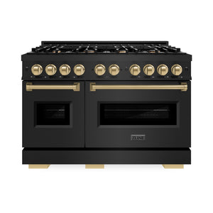 ZLINE Autograph Edition 48 in. 6.7 cu. ft. Classic Double Oven Gas Range with 8 Burner Cooktop in Black Stainless Steel and Champagne Bronze Accents (CGRBZ-48-CB) front, oven closed.
