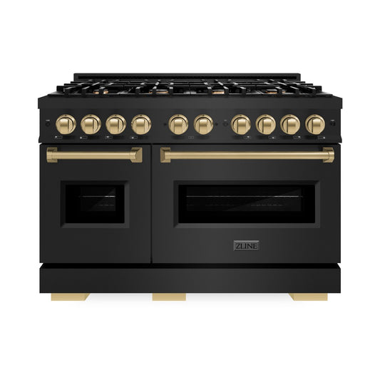 ZLINE Autograph Edition 48 in. 6.7 cu. ft. Classic Double Oven Gas Range with 8 Burner Cooktop in Black Stainless Steel and Champagne Bronze Accents (CGRBZ-48-CB) front, oven closed.