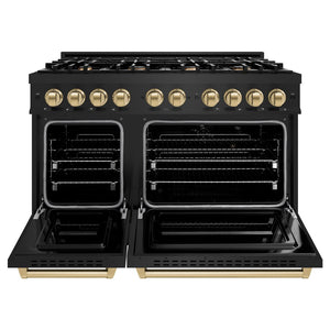 ZLINE Autograph Edition 48 in. 6.7 cu. ft. Classic Double Oven Gas Range with 8 Burner Cooktop in Black Stainless Steel and Champagne Bronze Accents (CGRBZ-48-CB) front, oven open.