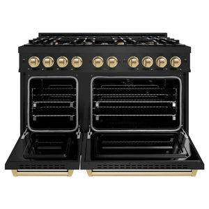 ZLINE Autograph Edition 48 in. 6.7 cu. ft. Classic Double Oven Gas Range with 8 Burner Cooktop in Black Stainless Steel and Champagne Bronze Accents (CGRBZ-48-CB) front, oven open.