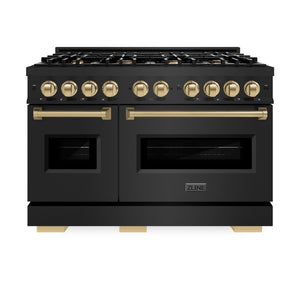 ZLINE Autograph Edition 48 in. 6.7 cu. ft. Classic Double Oven Gas Range with 8 Burner Cooktop in Black Stainless Steel and Champagne Bronze Accents (CGRBZ-48-CB) front, oven closed.