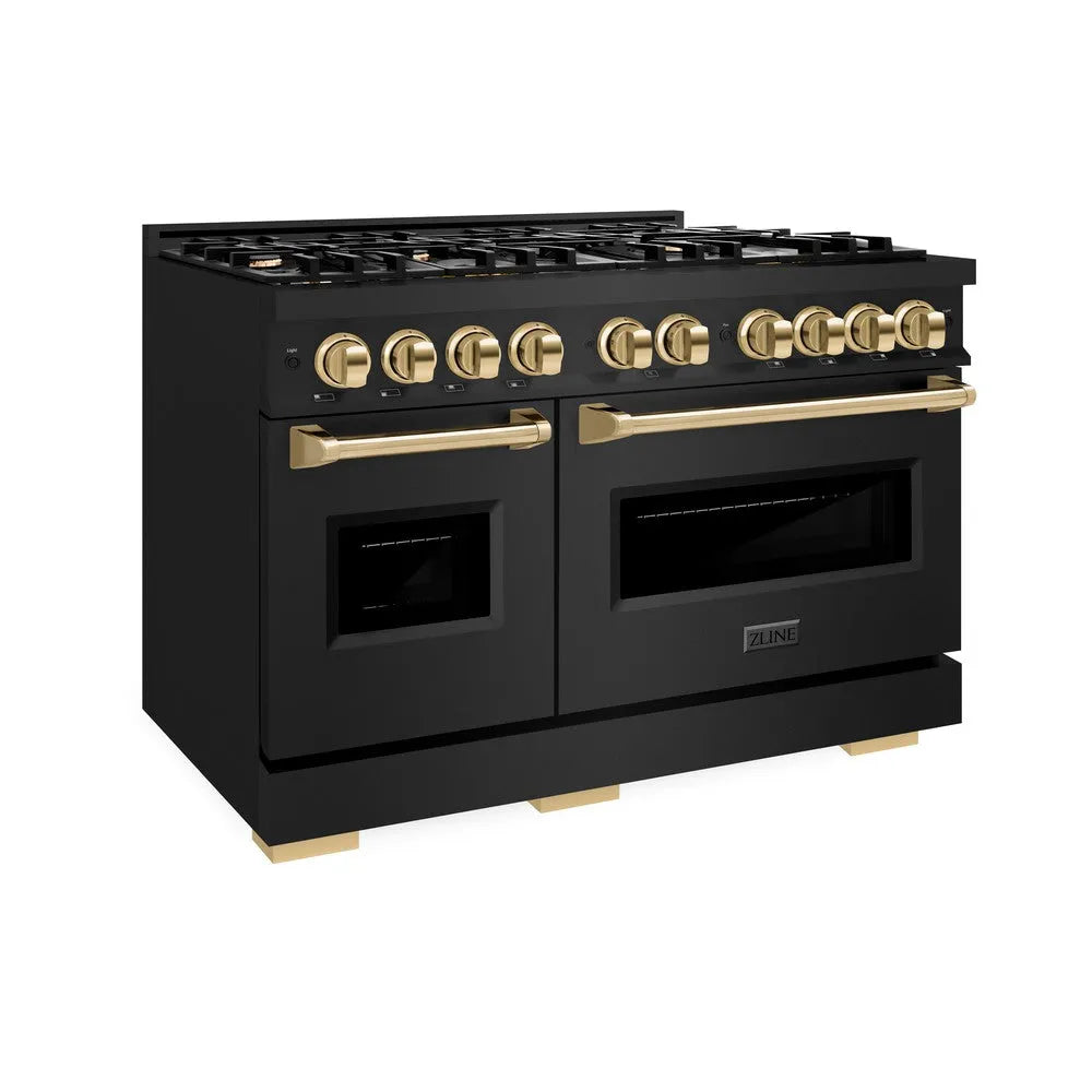 ZLINE Autograph Edition 48 in. 6.7 cu. ft. Classic Double Oven Gas Range with 8 Burner Cooktop in Black Stainless Steel and Polished Gold Accents (CGRBZ-48-G) main image.