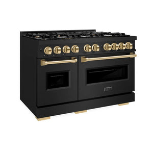 ZLINE Autograph Edition 48 in. 6.7 cu. ft. Classic Double Oven Gas Range with 8 Burner Cooktop in Black Stainless Steel and Polished Gold Accents (CGRBZ-48-G) main image.