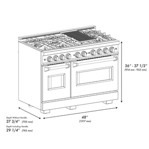 ZLINE Autograph Edition 48 in. 6.7 cu. ft. Classic Double Oven Gas Range with 8 Burner Cooktop in Black Stainless Steel and Polished Gold Accents (CGRBZ-48-G) dimensional diagram.