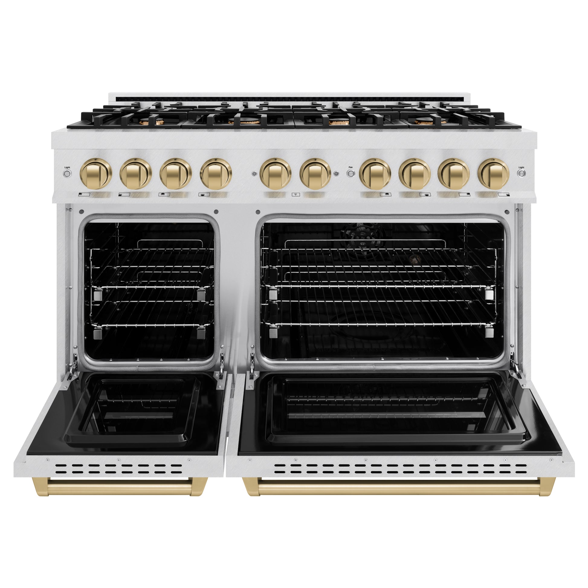 ZLINE Autograph Edition 48 in. 6.7 cu. ft. Classic Double Oven Dual Fuel Range with 8 Burner Gas Cooktop in DuraSnow® Stainless Steel and Champagne Bronze Accents (CDRSZ-48-CB) front, open.