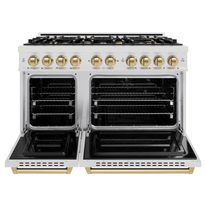 ZLINE Autograph Edition 48 in. 6.7 cu. ft. Classic Double Oven Dual Fuel Range with 8 Burner Gas Cooktop in DuraSnow® Stainless Steel and Champagne Bronze Accents (CDRSZ-48-CB) front, open.