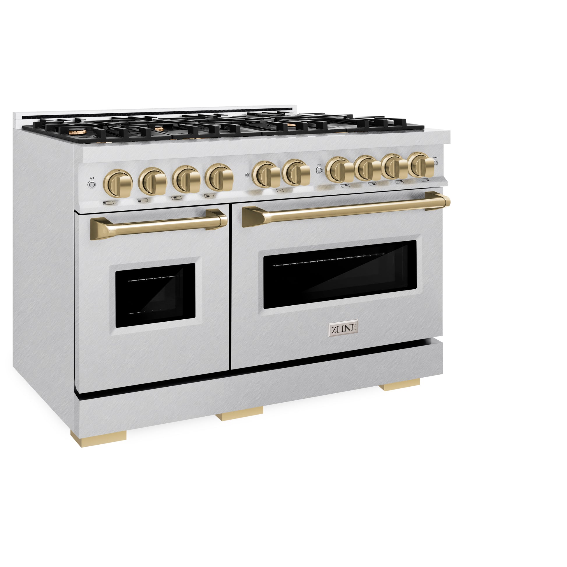 ZLINE Autograph Edition 48 in. 6.7 cu. ft. Classic Double Oven Dual Fuel Range with 8 Burner Gas Cooktop in DuraSnow® Stainless Steel and Champagne Bronze Accents (CDRSZ-48-CB) side, closed.