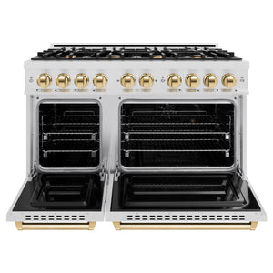 ZLINE Autograph Edition 48 in. 6.7 cu. ft. Classic Double Oven Dual Fuel Range with 8 Burner Gas Cooktop in DuraSnow® Stainless Steel and Polished Gold Accents (CDRSZ-48-G) front, open.