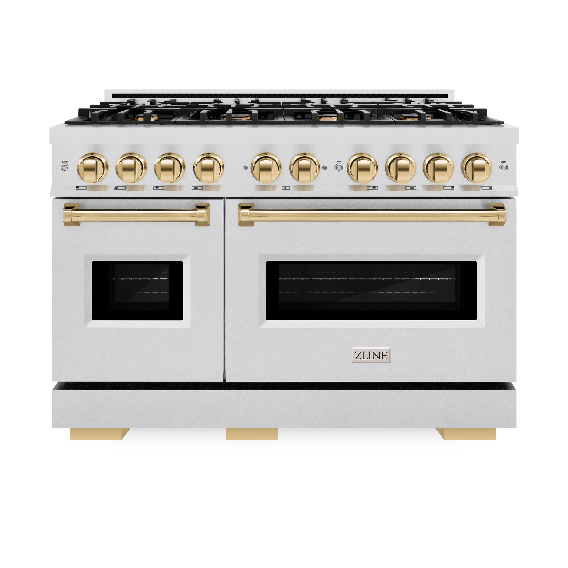 ZLINE Autograph Edition 48 in. 6.7 cu. ft. Classic Double Oven Dual Fuel Range with 8 Burner Gas Cooktop in DuraSnow® Stainless Steel and Polished Gold Accents (CDRSZ-48-G)