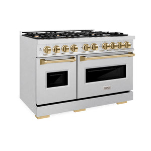 ZLINE Autograph Edition 48 in. 6.7 cu. ft. Classic Double Oven Dual Fuel Range with 8 Burner Gas Cooktop in DuraSnow® Stainless Steel and Polished Gold Accents (CDRSZ-48-G)