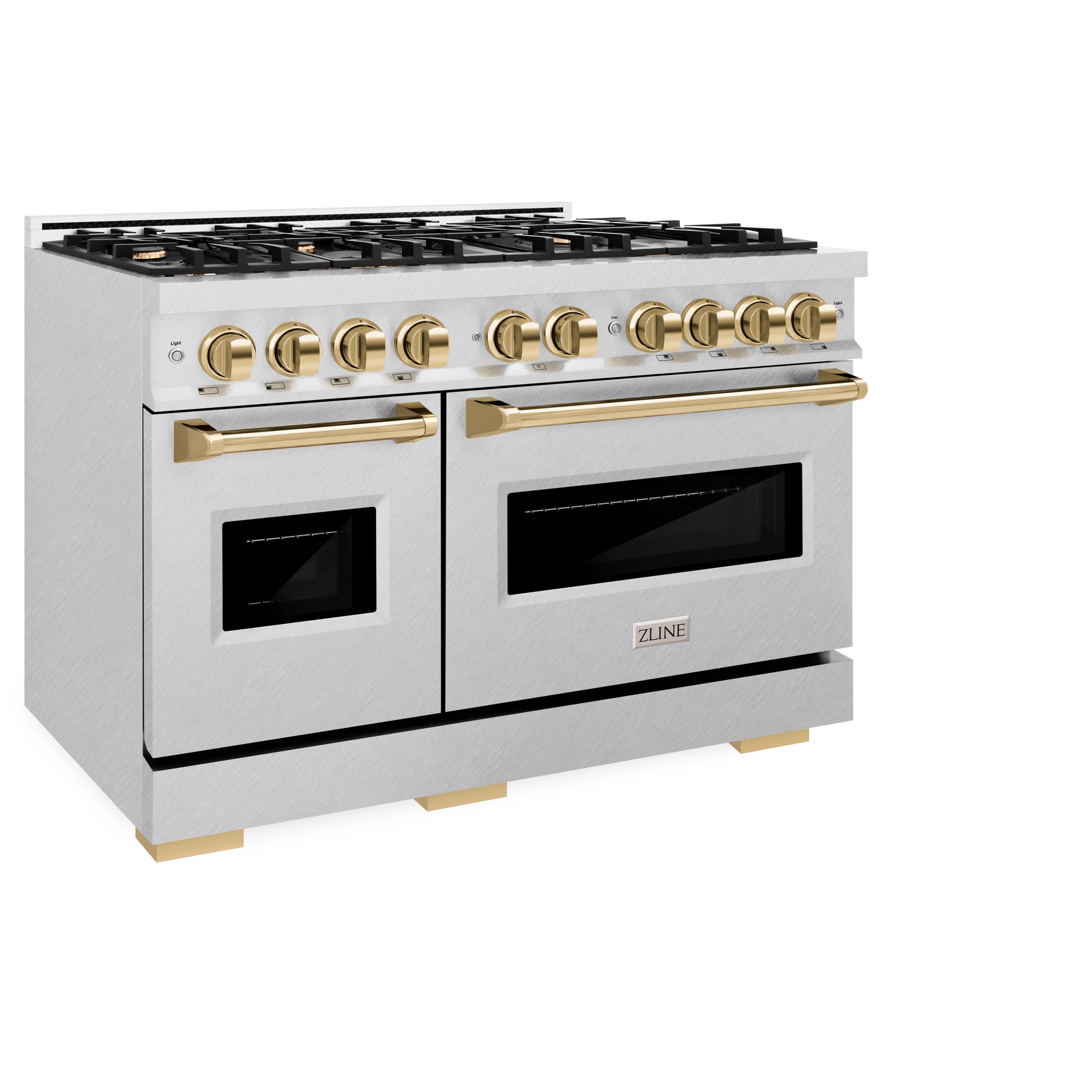 ZLINE Autograph Edition 48 in. 6.7 cu. ft. Classic Double Oven Dual Fuel Range with 8 Burner Gas Cooktop in DuraSnow® Stainless Steel and Polished Gold Accents (CDRSZ-48-G) side, closed.