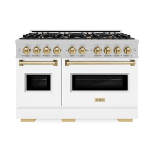 ZLINE Autograph Edition 48 in. 6.7 cu. ft. Classic Double Oven Dual Fuel Range with 8 Burner Gas Cooktop in DuraSnow® Stainless Steel with White Matte Doors and Champagne Bronze Accents (CDRSZ-WM-48-CB) front.