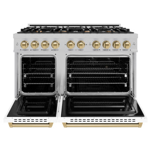 ZLINE Autograph Edition 48 in. 6.7 cu. ft. Classic Double Oven Dual Fuel Range with 8 Burner Gas Cooktop in DuraSnow® Stainless Steel with White Matte Doors and Champagne Bronze Accents (CDRSZ-WM-48-CB) front, open.