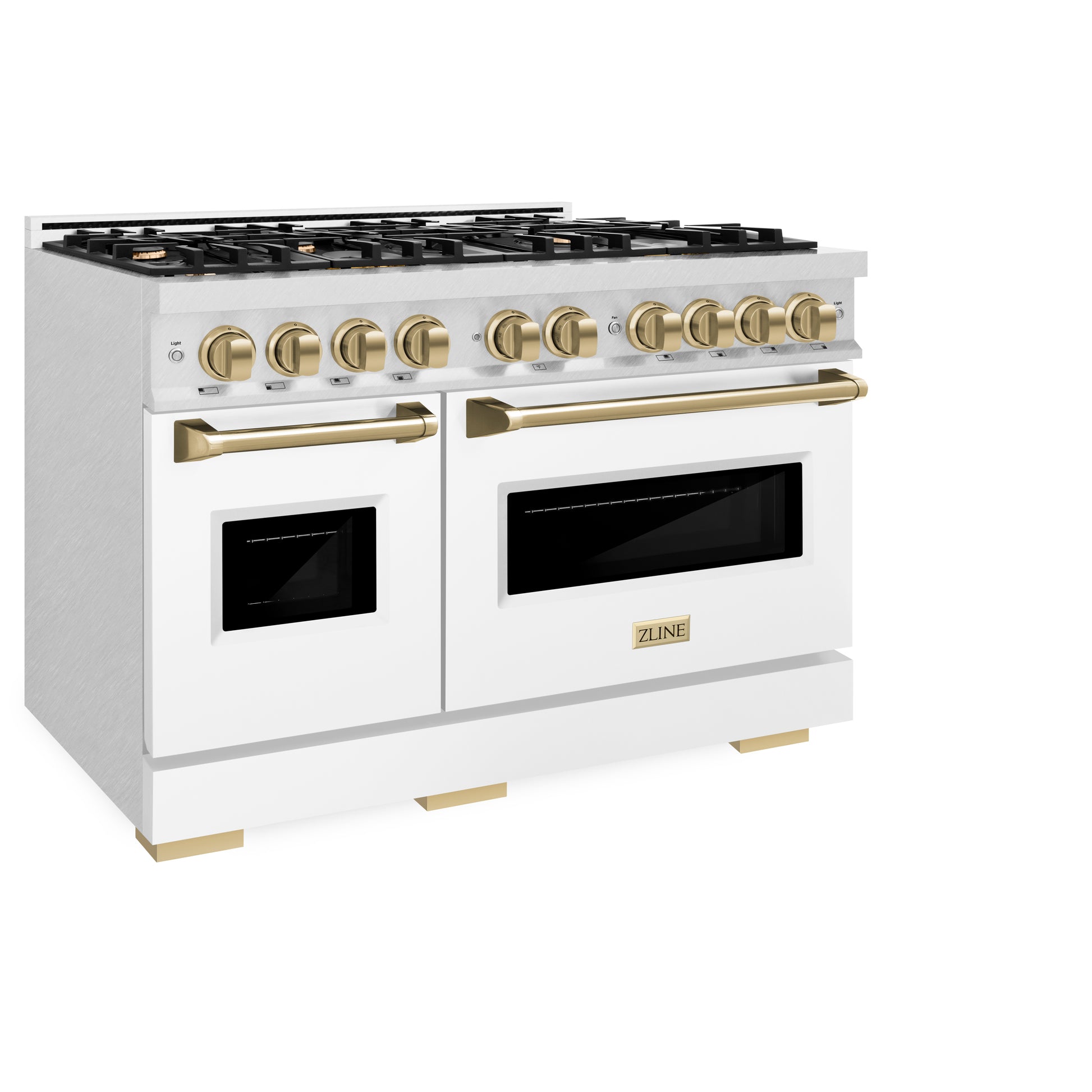 ZLINE Autograph Edition 48 in. 6.7 cu. ft. Classic Double Oven Dual Fuel Range with 8 Burner Gas Cooktop in DuraSnow® Stainless Steel with White Matte Doors and Champagne Bronze Accents (CDRSZ-WM-48-CB) side, closed.