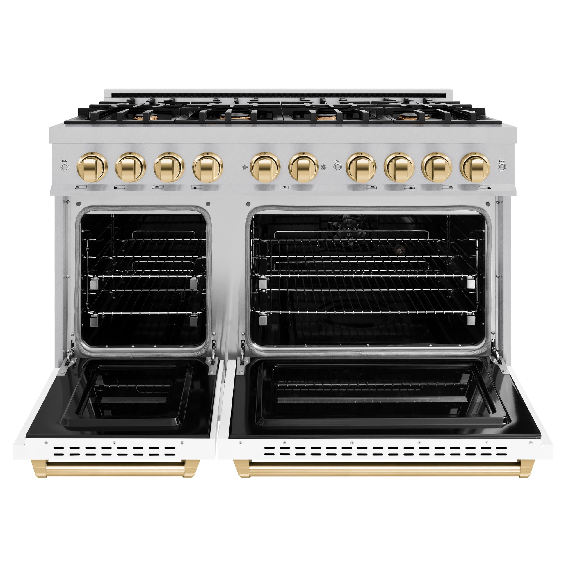 ZLINE Autograph Edition 48 in. 6.7 cu. ft. Classic Double Oven Dual Fuel Range with 8 Burner Gas Cooktop in DuraSnow® Stainless Steel with White Matte Doors and Polished Gold Accents (CDRSZ-WM-48-G) front, open.