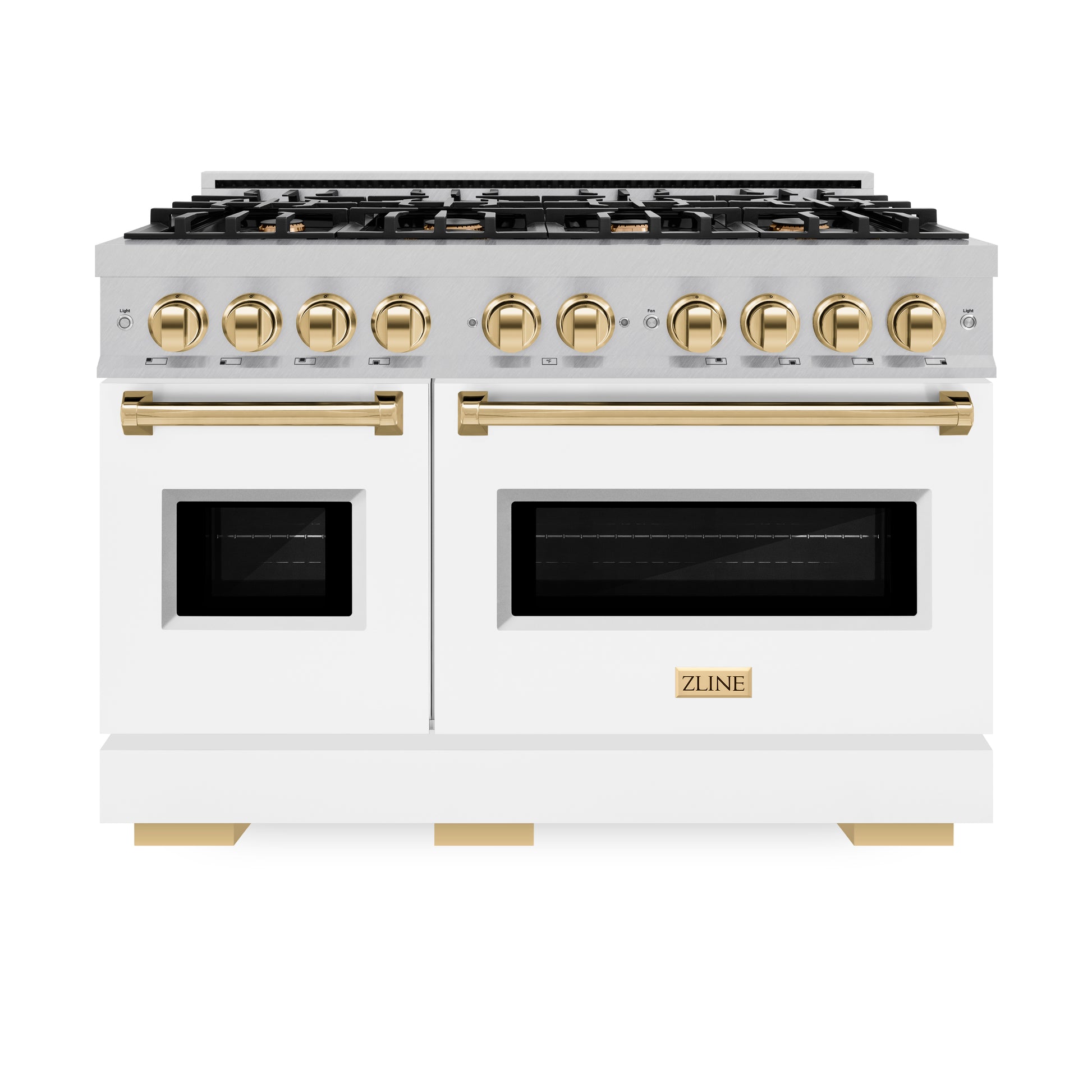 ZLINE Autograph Edition 48 in. 6.7 cu. ft. Classic Double Oven Dual Fuel Range with 8 Burner Gas Cooktop in DuraSnow® Stainless Steel with White Matte Doors and Polished Gold Accents (CDRSZ-WM-48-G) front, closed.