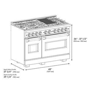 ZLINE Autograph Edition 48 in. 6.7 cu. ft. Classic Double Oven Dual Fuel Range with 8 Burner Gas Cooktop in Stainless Steel with Black Matte Doors and Champagne Bronze Accents (CDRZ-BLM-48-CB) dimensional diagram.