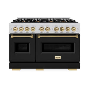 ZLINE Autograph Edition 48 in. 6.7 cu. ft. Classic Double Oven Dual Fuel Range with 8 Burner Gas Cooktop in Stainless Steel with Black Matte Doors and Champagne Bronze Accents (CDRZ-BLM-48-CB) front.