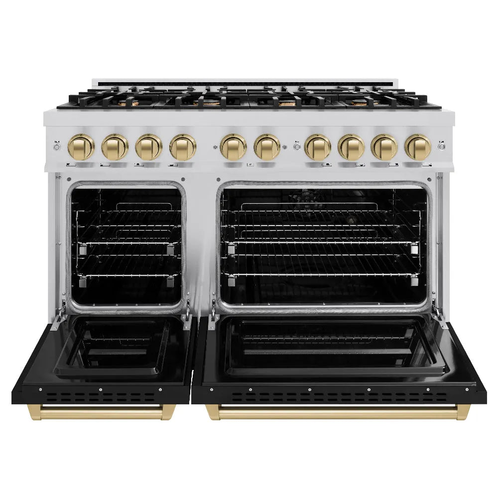 ZLINE Autograph Edition 48 in. 6.7 cu. ft. Classic Double Oven Dual Fuel Range with 8 Burner Gas Cooktop in Stainless Steel with Black Matte Doors and Champagne Bronze Accents (CDRZ-BLM-48-CB) front, oven open.
