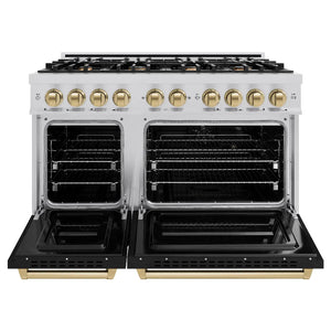 ZLINE Autograph Edition 48 in. 6.7 cu. ft. Classic Double Oven Dual Fuel Range with 8 Burner Gas Cooktop in Stainless Steel with Black Matte Doors and Champagne Bronze Accents (CDRZ-BLM-48-CB) front, oven open.