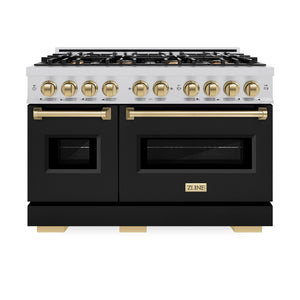 ZLINE Autograph Edition 48 in. 6.7 cu. ft. Classic Double Oven Dual Fuel Range with 8 Burner Gas Cooktop in Stainless Steel with Black Matte Doors and Champagne Bronze Accents (CDRZ-BLM-48-CB) front, oven closed.
