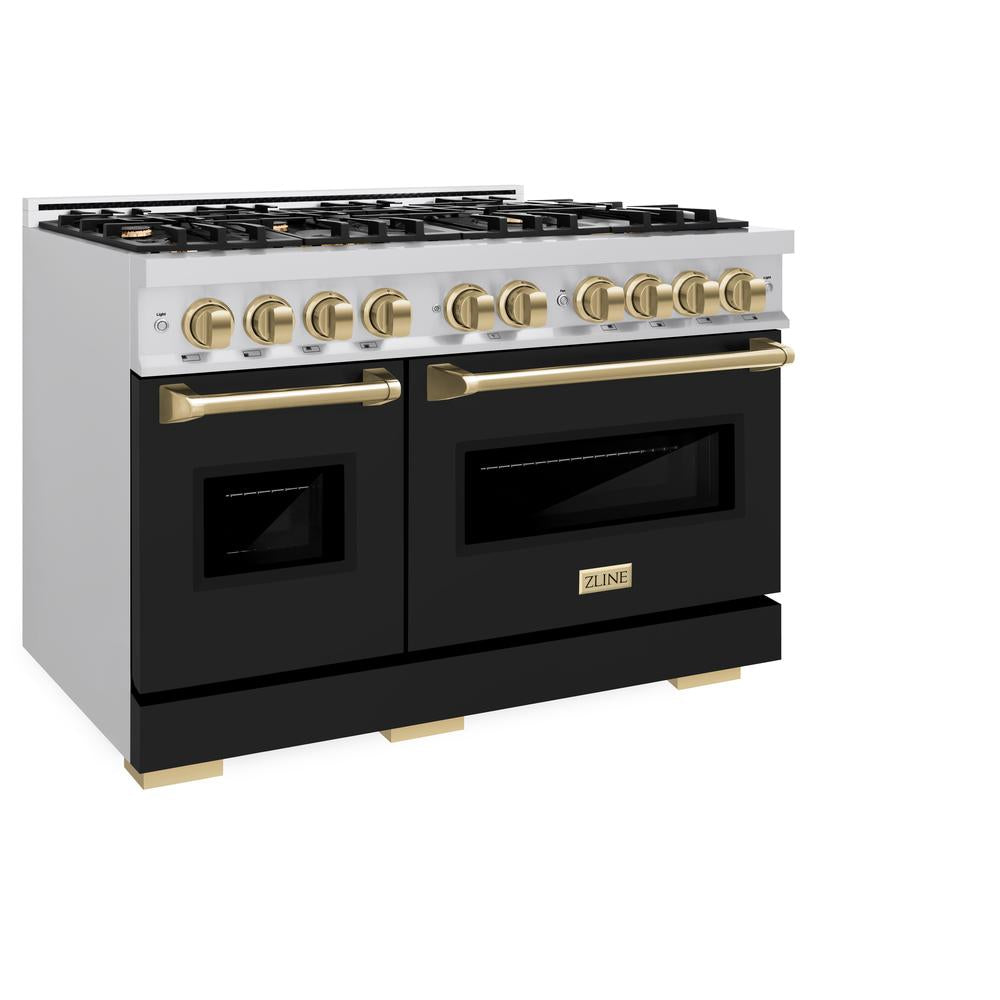 ZLINE Autograph Edition 48 in. 6.7 cu. ft. Classic Double Oven Dual Fuel Range with 8 Burner Gas Cooktop in Stainless Steel with Black Matte Doors and Champagne Bronze Accents (CDRZ-BLM-48-CB) side, closed.