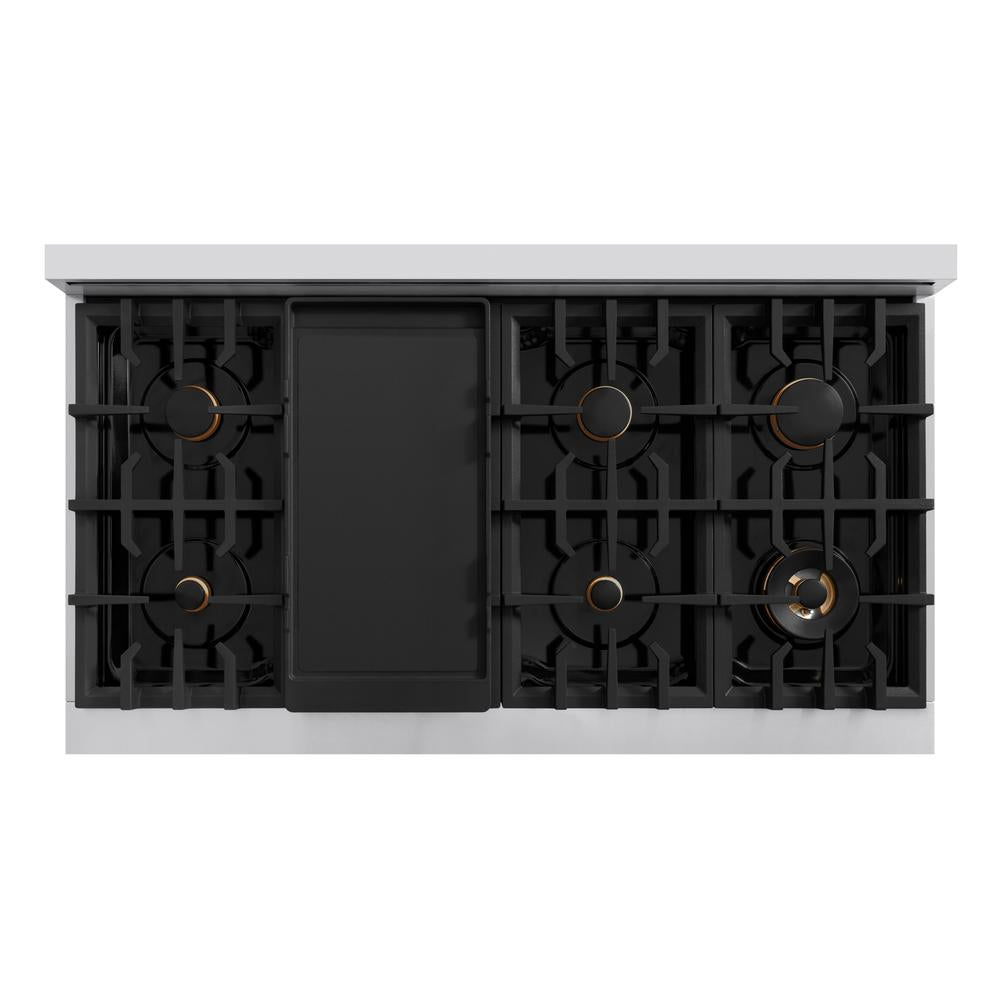 ZLINE Autograph Edition 48 in. 6.7 cu. ft. Classic Double Oven Dual Fuel Range with 8 Burner Gas Cooktop in Stainless Steel with Black Matte Doors and Champagne Bronze Accents (CDRZ-BLM-48-CB) top-down, above cooktop.