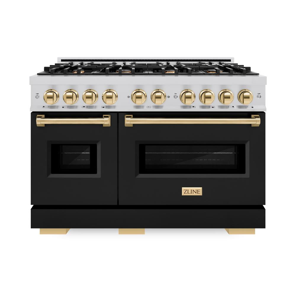 ZLINE Autograph Edition 48 in. 6.7 cu. ft. Classic Double Oven Dual Fuel Range with 8 Burner Gas Cooktop in Stainless Steel with Black Matte Doors and Polished Gold Accents (CDRZ-BLM-48-G) front.
