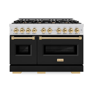 ZLINE Autograph Edition 48 in. 6.7 cu. ft. Classic Double Oven Dual Fuel Range with 8 Burner Gas Cooktop in Stainless Steel with Black Matte Doors and Polished Gold Accents (CDRZ-BLM-48-G) front.