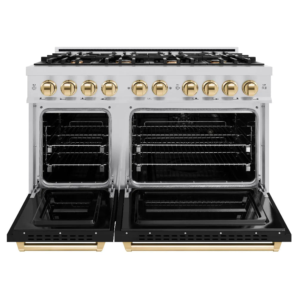 ZLINE Autograph Edition 48 in. 6.7 cu. ft. Classic Double Oven Dual Fuel Range with 8 Burner Gas Cooktop in Stainless Steel with Black Matte Doors and Polished Gold Accents (CDRZ-BLM-48-G) front, oven open.