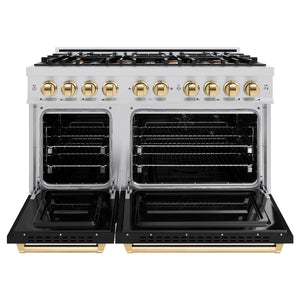 ZLINE Autograph Edition 48 in. 6.7 cu. ft. Classic Double Oven Dual Fuel Range with 8 Burner Gas Cooktop in Stainless Steel with Black Matte Doors and Polished Gold Accents (CDRZ-BLM-48-G) front, oven open.