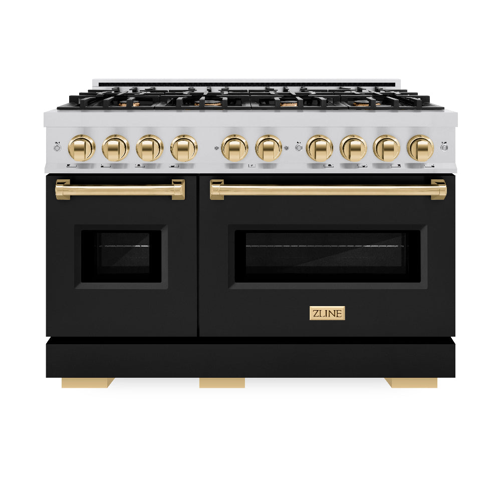 ZLINE Autograph Edition 48 in. 6.7 cu. ft. Classic Double Oven Dual Fuel Range with 8 Burner Gas Cooktop in Stainless Steel with Black Matte Doors and Polished Gold Accents (CDRZ-BLM-48-G) front, oven closed.