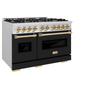 ZLINE Autograph Edition 48 in. 6.7 cu. ft. Classic Double Oven Dual Fuel Range with 8 Burner Gas Cooktop in Stainless Steel with Black Matte Doors and Polished Gold Accents (CDRZ-BLM-48-G) side, closed.