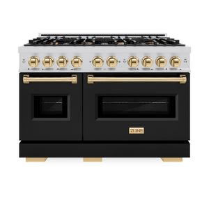ZLINE Autograph Edition 48 in. 6.7 cu. ft. Classic Double Oven Gas Range with 8 Burner Cooktop in Stainless Steel with Black Matte Doors and Polished Gold Accents (CGRZ-BLM-48-G) front, oven closed.