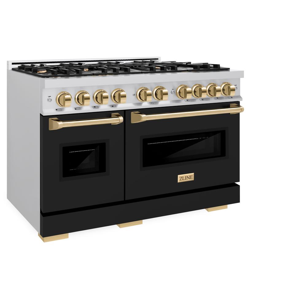 ZLINE Autograph Edition 48 in. 6.7 cu. ft. Classic Double Oven Gas Range with 8 Burner Cooktop in Stainless Steel with Black Matte Doors and Polished Gold Accents (CGRZ-BLM-48-G) side, closed.