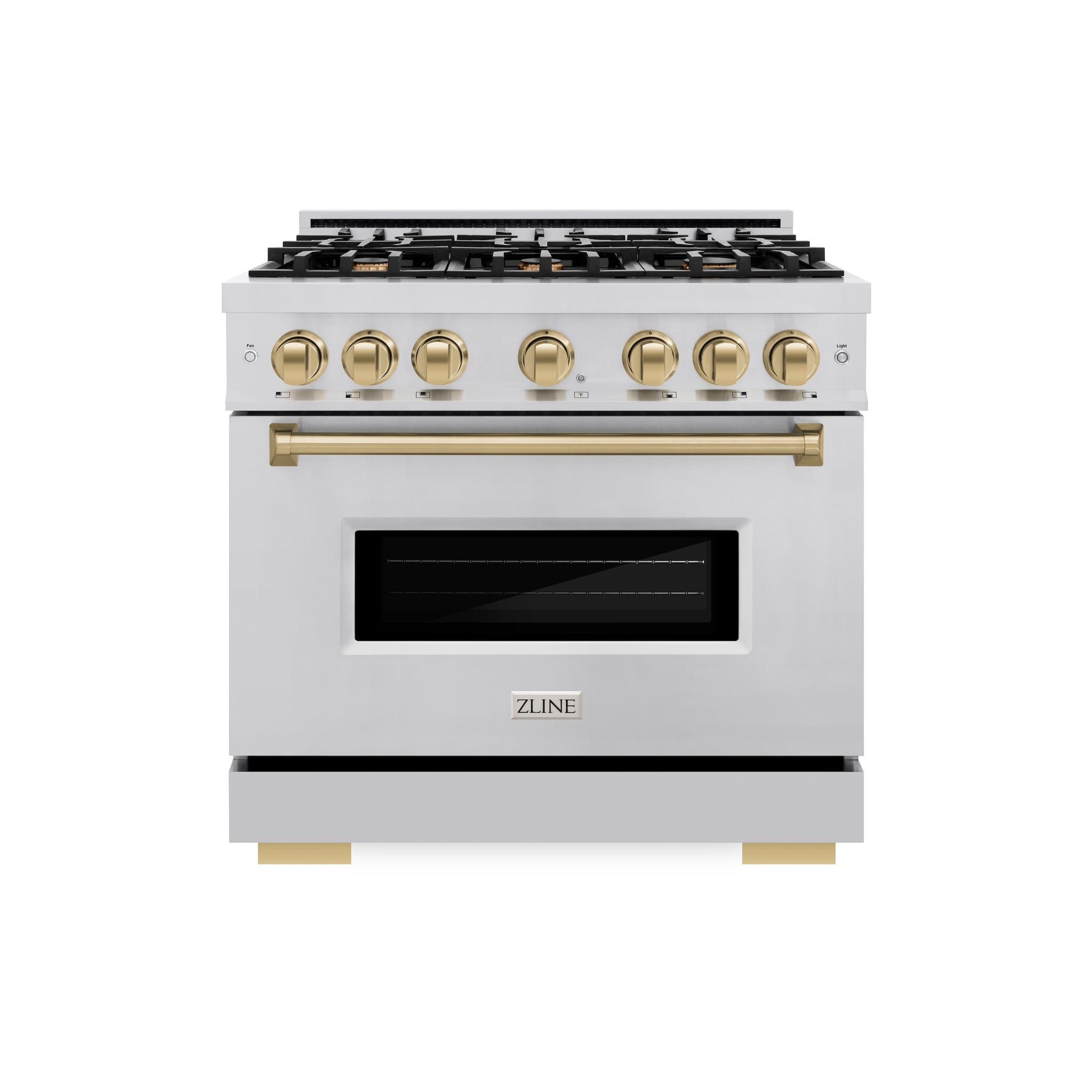 ZLINE Autograph Edition 36 in. 5.2 cu. ft. Classic Dual Fuel Range with 6 Burner Gas Cooktop and Electric Convection Oven in Stainless Steel with Champagne Bronze Accents (CDRZ-36-CB) front.