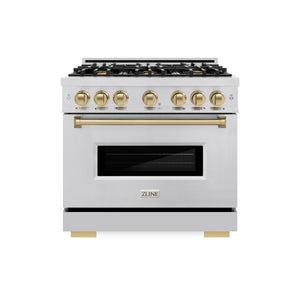 ZLINE Autograph Edition 36 in. 5.2 cu. ft. Classic Dual Fuel Range with 6 Burner Gas Cooktop and Electric Convection Oven in Stainless Steel with Champagne Bronze Accents (CDRZ-36-CB) front.