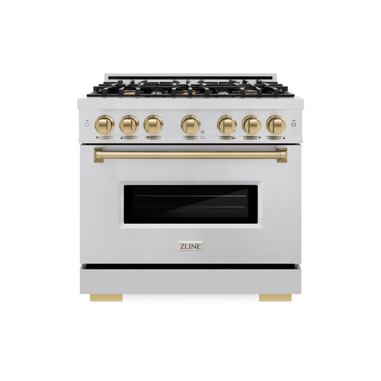 ZLINE Autograph Edition 36 in. 5.2 cu. ft. Classic Dual Fuel Range with 6 Burner Gas Cooktop and Electric Convection Oven in Stainless Steel with Champagne Bronze Accents (CDRZ-36-CB)