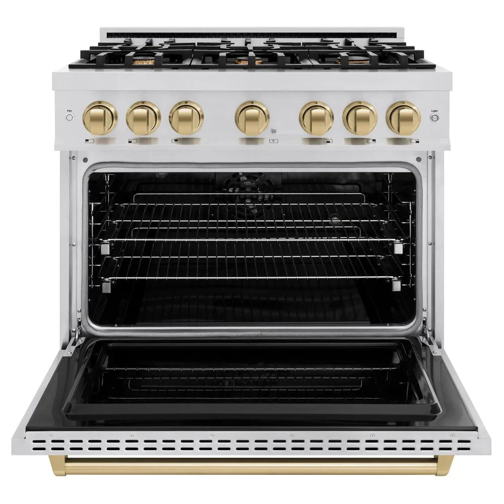 ZLINE Autograph Edition 36 in. 5.2 cu. ft. Classic Dual Fuel Range with 6 Burner Gas Cooktop and Electric Convection Oven in Stainless Steel with Champagne Bronze Accents (CDRZ-36-CB) front, oven open.