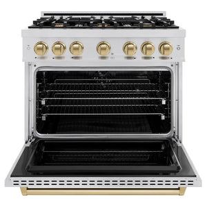 ZLINE Autograph Edition 36 in. 5.2 cu. ft. Classic Dual Fuel Range with 6 Burner Gas Cooktop and Electric Convection Oven in Stainless Steel with Champagne Bronze Accents (CDRZ-36-CB) front, oven open.