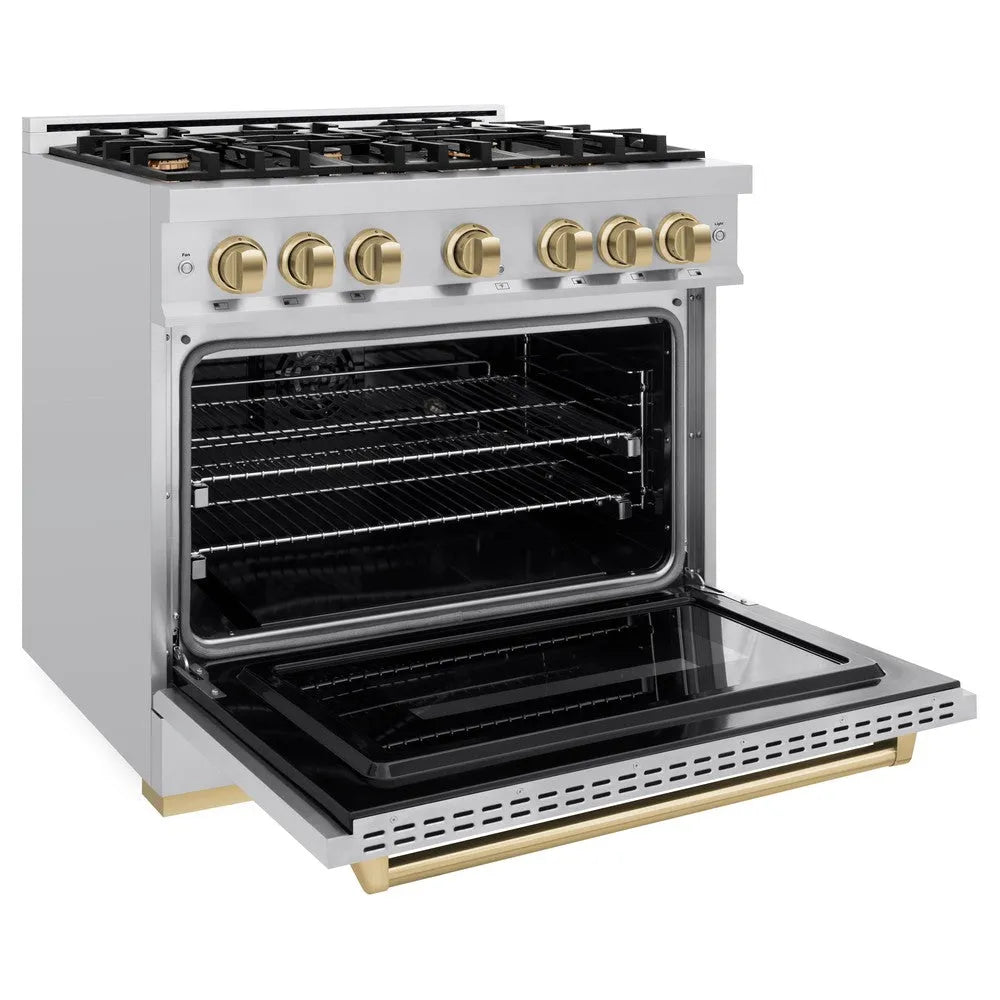 ZLINE Autograph Edition 36 in. 5.2 cu. ft. Classic Dual Fuel Range with 6 Burner Gas Cooktop and Electric Convection Oven in Stainless Steel with Champagne Bronze Accents (CDRZ-36-CB) side, oven open.