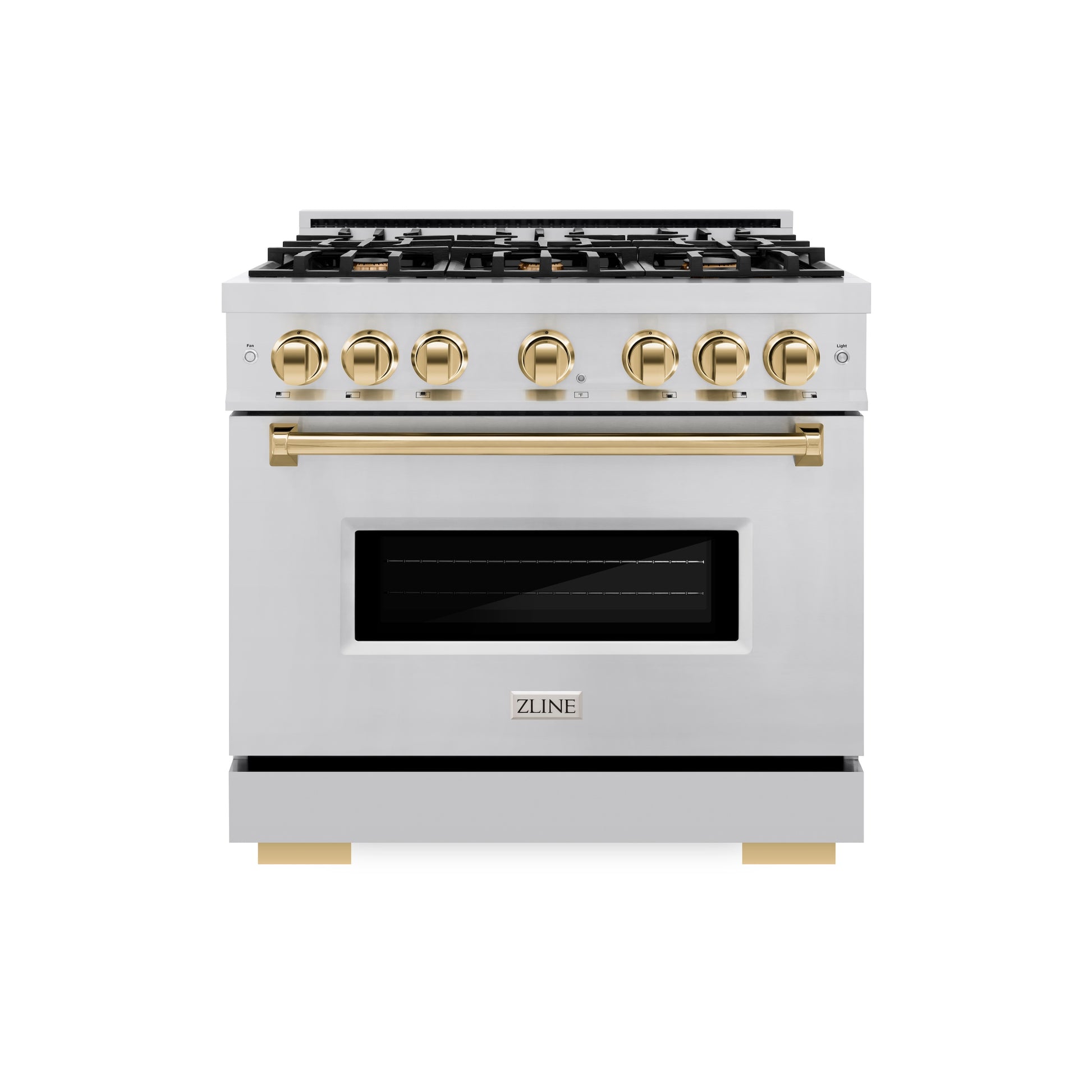 ZLINE Autograph Edition 36 in. 5.2 cu. ft. Classic Dual Fuel Range with 6 Burner Gas Cooktop and Electric Convection Oven in Stainless Steel with Polished Gold Accents (CDRZ-36-G) front.