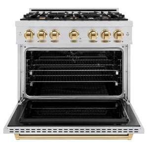 ZLINE Autograph Edition 36 in. 5.2 cu. ft. Classic Dual Fuel Range with 6 Burner Gas Cooktop and Electric Convection Oven in Stainless Steel with Polished Gold Accents (CDRZ-36-G) front, oven open.