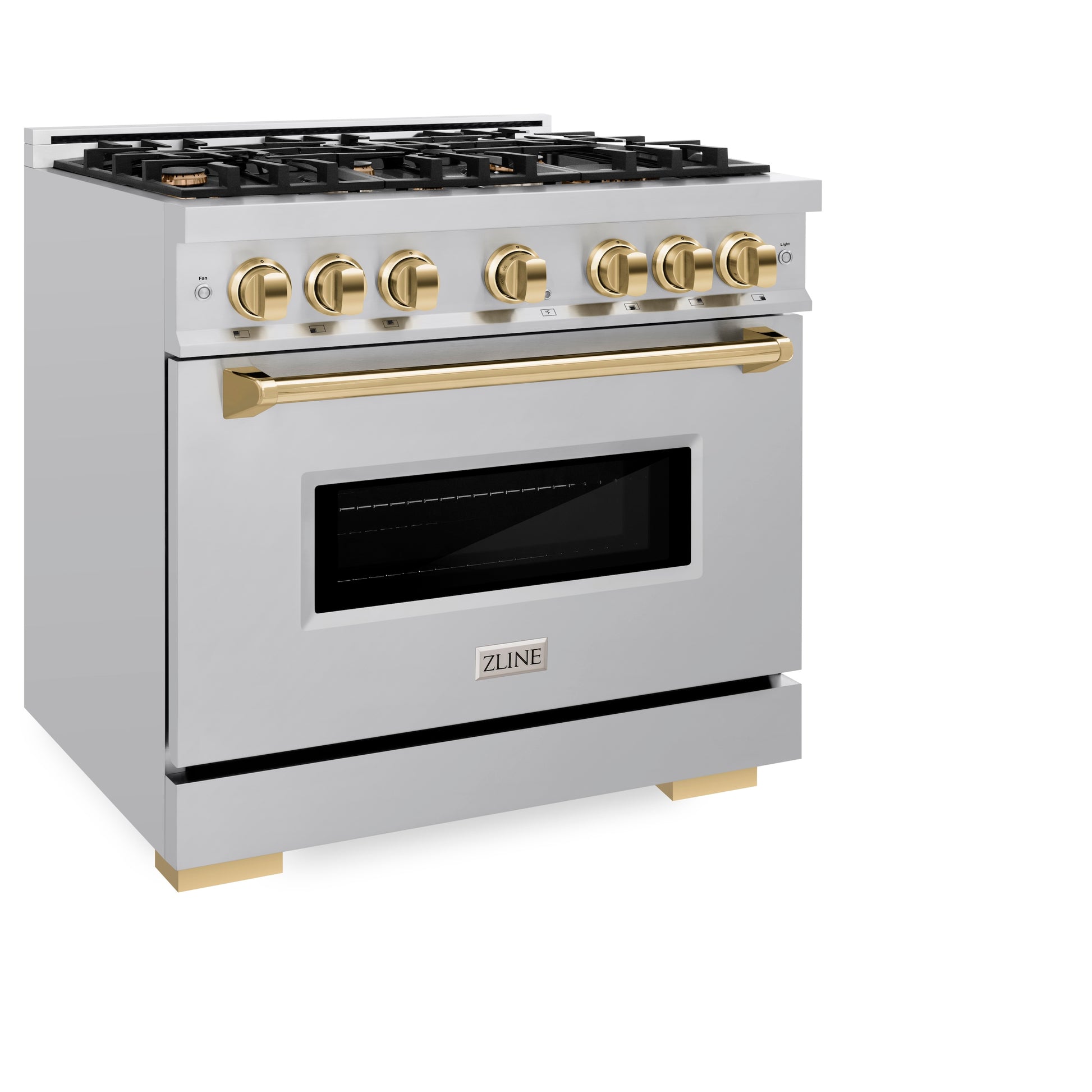 ZLINE Autograph Edition 36 in. 5.2 cu. ft. Classic Dual Fuel Range with 6 Burner Gas Cooktop and Electric Convection Oven in Stainless Steel with Polished Gold Accents (CDRZ-36-G) side, closed.