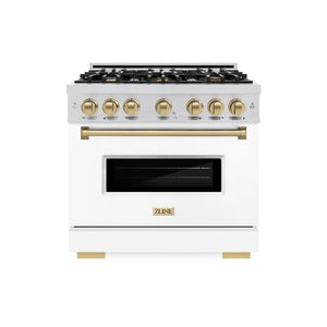 ZLINE Autograph Edition 36 in. 5.2 cu. ft. Classic Dual Fuel Range with 6 Burner Gas Cooktop and Electric Convection Oven in Stainless Steel with White Matte Door and Champagne Bronze Accents (CDRZ-WM-36-CB) front, oven closed.