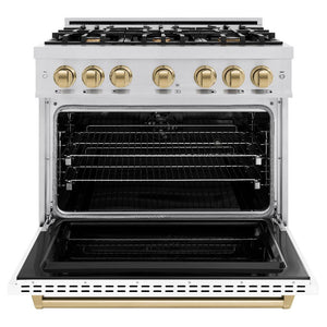 ZLINE Autograph Edition 36 in. 5.2 cu. ft. Classic Dual Fuel Range with 6 Burner Gas Cooktop and Electric Convection Oven in Stainless Steel with White Matte Door and Champagne Bronze Accents (CDRZ-WM-36-CB) front, oven open.