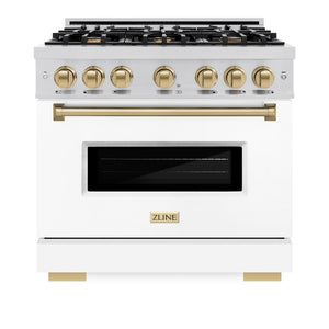 ZLINE Autograph Edition 36 in. 5.2 cu. ft. Classic Dual Fuel Range with 6 Burner Gas Cooktop and Electric Convection Oven in Stainless Steel with White Matte Door and Champagne Bronze Accents (CDRZ-WM-36-CB) front, oven closed.