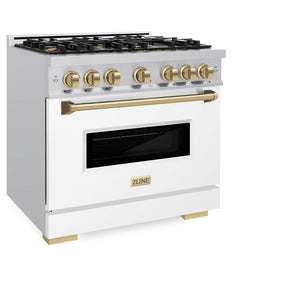 ZLINE Autograph Edition 36 in. 5.2 cu. ft. Classic Dual Fuel Range with 6 Burner Gas Cooktop and Electric Convection Oven in Stainless Steel with White Matte Door and Champagne Bronze Accents (CDRZ-WM-36-CB) side, closed.